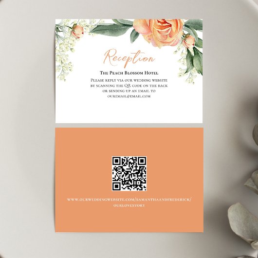 Peach Wedding Reception Floral QR Code Begleitkarte