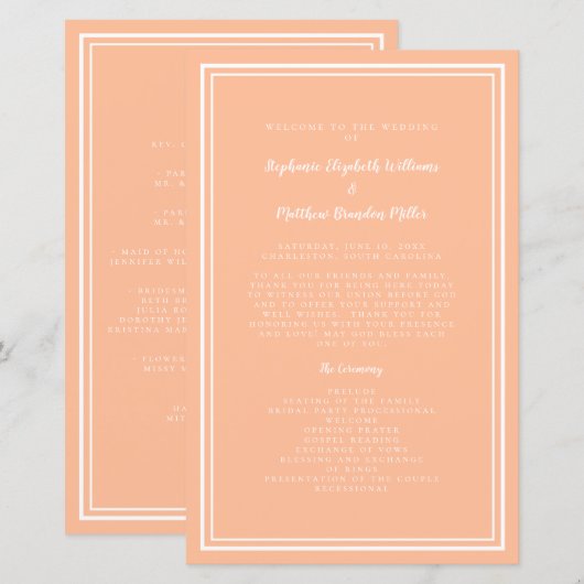 Peach Wedding Script Classic Chic Zeremony Program (Vorne/Hinten)
