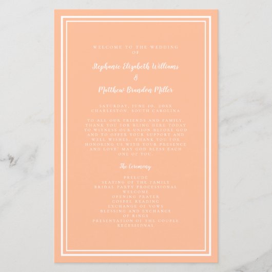 Peach Wedding Script Classic Chic Zeremony Program (Vorderseite)