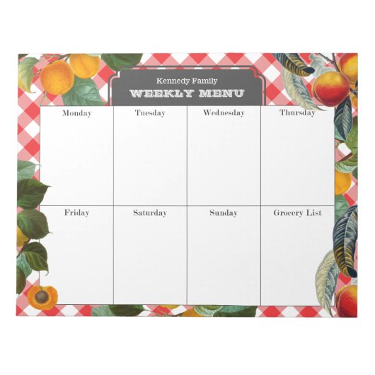 Peach Weekly Menu Meal Planner Gingham Notizblock (Vorderseite)