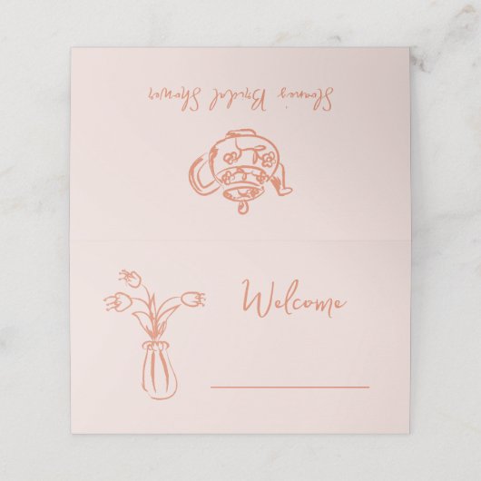 Peach Whimsical Scribble Doodle Brautparty Platzkarte (Außenseite Aufgefaltet)