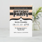 Peach White Black Herringbone Birthday Einladung (Stehend Vorderseite)