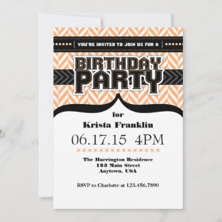 Peach White Black Herringbone Birthday Einladung