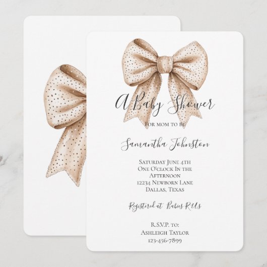 Peach White Bow Baby Dusche Einladung (Vorne/Hinten)
