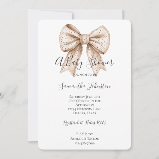 Peach White Bow Baby Dusche Einladung (Vorderseite)