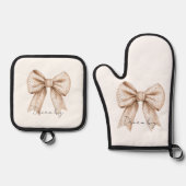 Peach White Bow Ofenhandschuh & Topflappen-Set (Vorderseite)