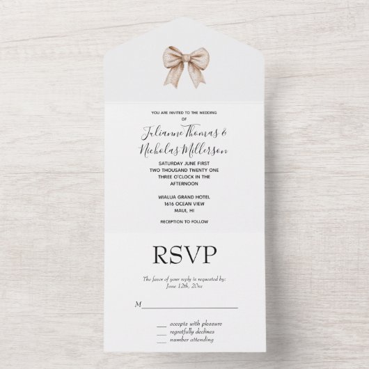 Peach White Bow Wedding All In One Einladung (Innen Boden)