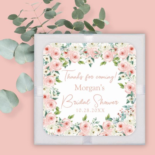 Peach White Floral Brautparty Bevorzugung Quadratischer Aufkleber