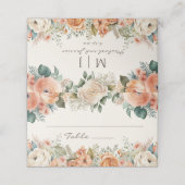 Peach White Floral Eukalyptus Monogram Wedding Platzkarte (Außenseite Aufgefaltet)