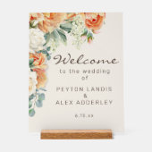 Peach White Floral Eukalyptus Wedding Willkommen Acrylschild (Vorderseite)