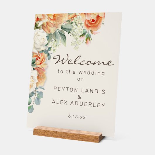 Peach White Floral Eukalyptus Wedding Willkommen Acrylschild (Winkel)