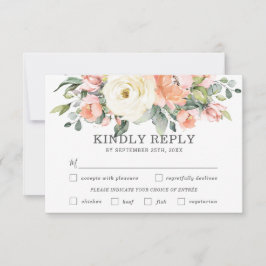 Peach White Floral Wedding Meal Choice RSVP Karte