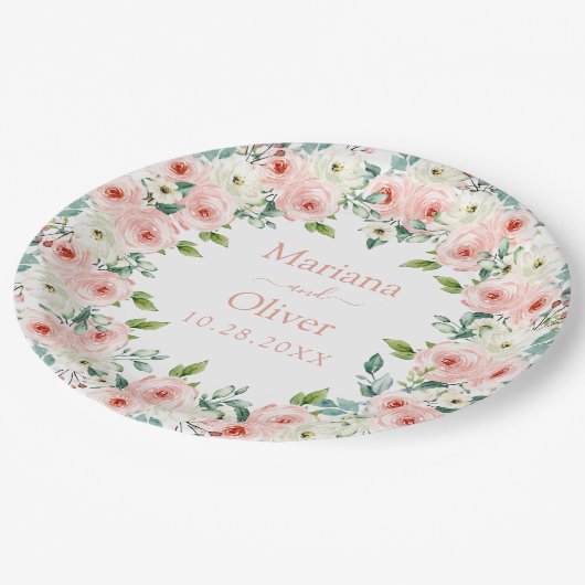 Peach White Floral Wedding Pappteller (Schrägansicht)
