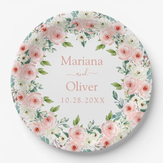 Peach White Floral Wedding Pappteller (Vorderseite)