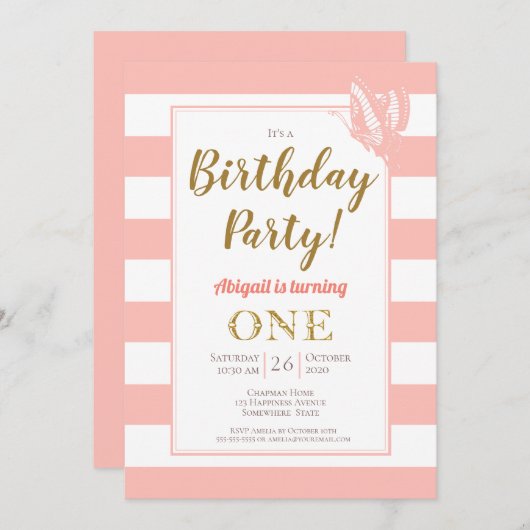 Peach White Gold Glitzer 1. Geburtstag Party Einladung (Vorne/Hinten)