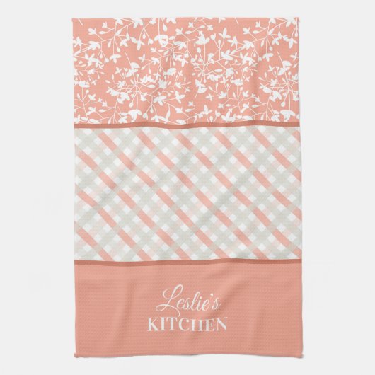 Peach White Gray Floral & Diagonal Kariert Geschirrtuch (Vertikal)