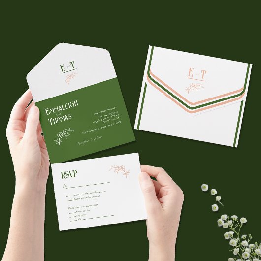 Peach White + Green Simple Modern Wedding All In One Einladung
