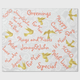 Peach White Lace Hochzeit Golden Birds Geschenkpapier
