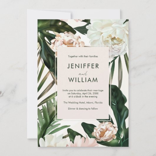 Peach White Peonies & Green Blätter Floral Wedding Einladung (Vorderseite)