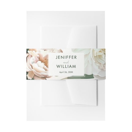 Peach White Peonies & Green Blätter Floral Wedding Einladungsbanderole (Vorderseite Beispiel)