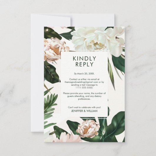 Peach White Peonies & Green Blätter Floral Wedding RSVP Karte (Vorderseite)