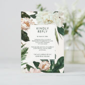 Peach White Peonies & Green Blätter Floral Wedding RSVP Karte (Stehend Vorderseite)