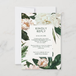 Peach White Peonies & Green Blätter Floral Wedding RSVP Karte