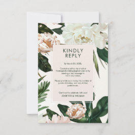Peach White Peonies & Green Blätter Floral Wedding RSVP Karte