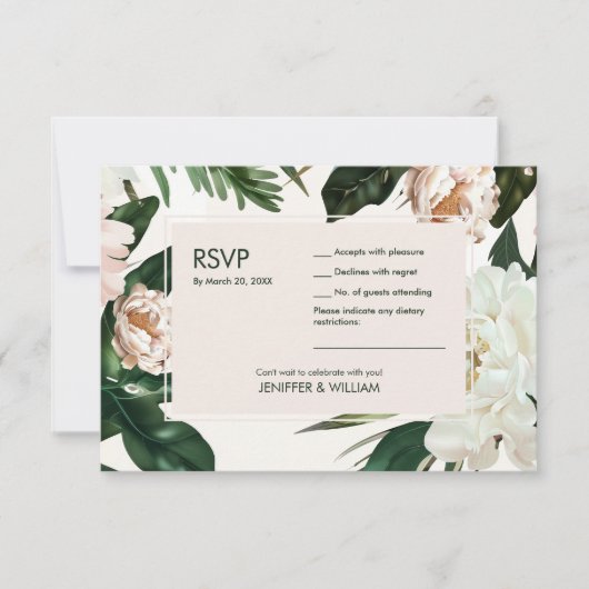 Peach White Peonies & Green Blätter Floral Wedding RSVP Karte (Vorderseite)