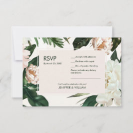 Peach White Peonies & Green Blätter Floral Wedding RSVP Karte