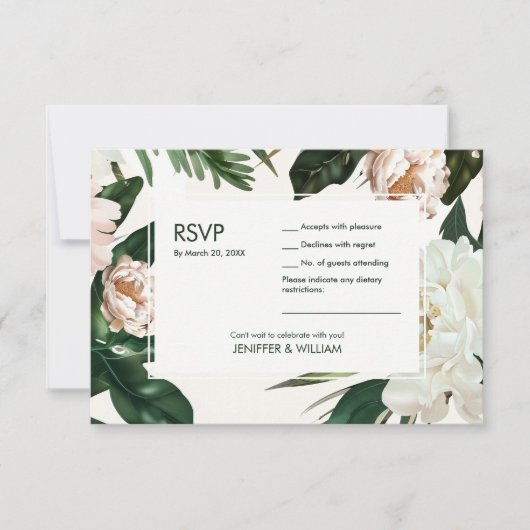 Peach White Peonies & Green Blätter Floral Wedding RSVP Karte (Vorderseite)