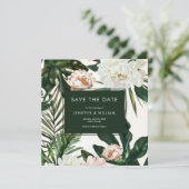 Peach White Peonies & Green Blätter Floral Wedding Save The Date (Stehend Vorderseite)