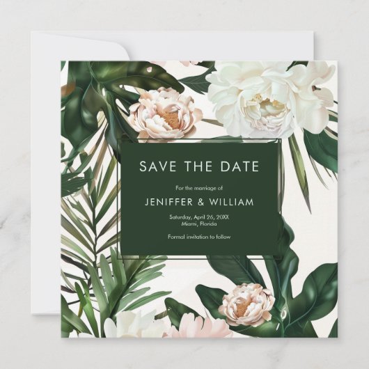 Peach White Peonies & Green Blätter Floral Wedding Save The Date (Vorderseite)