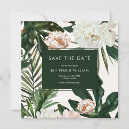 Peach White Peonies & Green Blätter Floral Wedding Save The Date