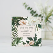Peach White Peonies & Green Blätter Floral Wedding Save The Date (Stehend Vorderseite)