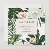 Peach White Peonies & Green Blätter Floral Wedding Save The Date (Vorderseite)