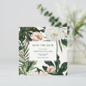 Peach White Peonies & Green Blätter Floral Wedding Save The Date (Stehend Vorderseite)