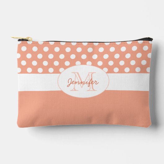 Peach White polka dots Retromuster Monogramm Zubehörtasche (Vorderseite)