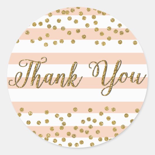 Peach White Stripe Gold Confetti Party Vielen Dank Runder Aufkleber (Vorderseite)