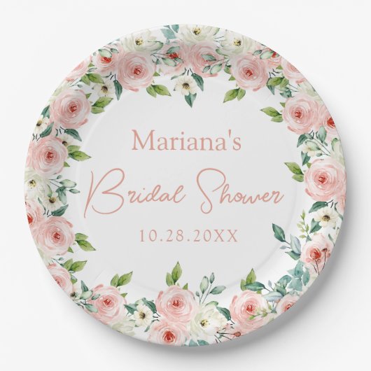 Peach White Watercolor Floral Brautparty Pappteller (Vorderseite)