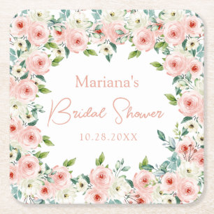 Peach White Watercolor Floral Brautparty Rechteckiger Pappuntersetzer