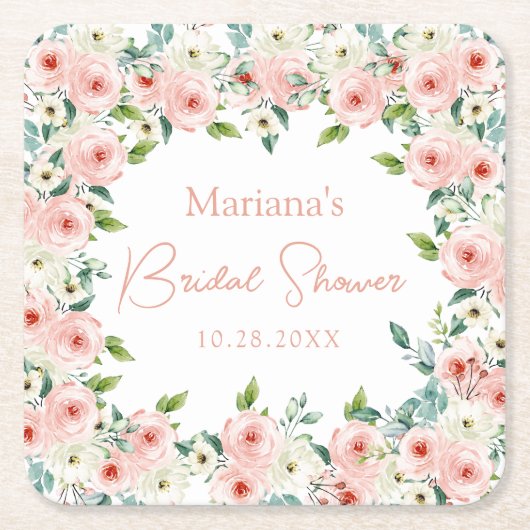 Peach White Watercolor Floral Brautparty Rechteckiger Pappuntersetzer (Vorderseite)