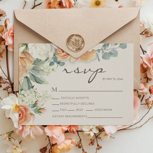 Peach White Watercolor Floral Eukalyptus Wedding RSVP Karte