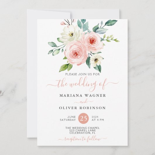 Peach White Watercolor Floral Wedding Einladung (Vorderseite)