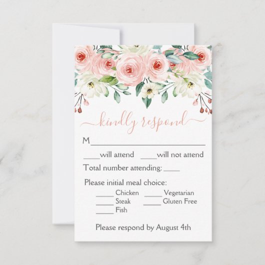 Peach White Watercolor Floral Wedding RSVP Karte (Vorderseite)