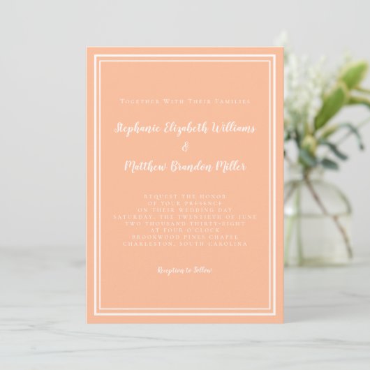 Peach White Wedding Einfaches Minimalistisches Mod Einladung (Stehend Vorderseite)