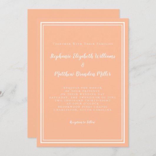 Peach White Wedding Einfaches Minimalistisches Mod Einladung (Vorne/Hinten)