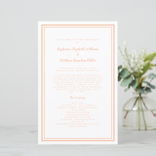 Peach White Wedding Script Modern Zeremony Program (Stehend Vorderseite)
