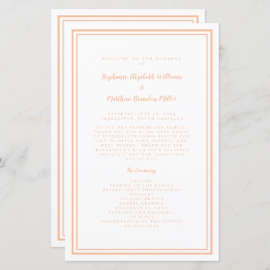 Peach White Wedding Script Modern Zeremony Program (Vorne/Hinten)