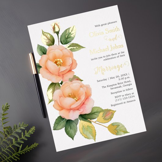 Peach wild Rose Hochzeitseinladung Folien Feiertagskarte